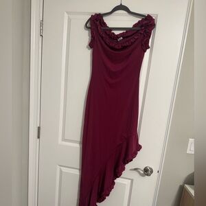 Fashion Nova Asymmetrical Ruffled Midi Dress in Burgundy